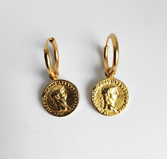 Roman Coin Hoop Earrings