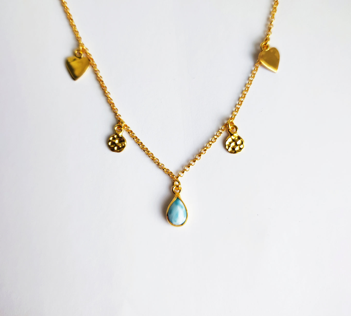 Larimar Gold Teardrop Mini Disk Heart Necklace