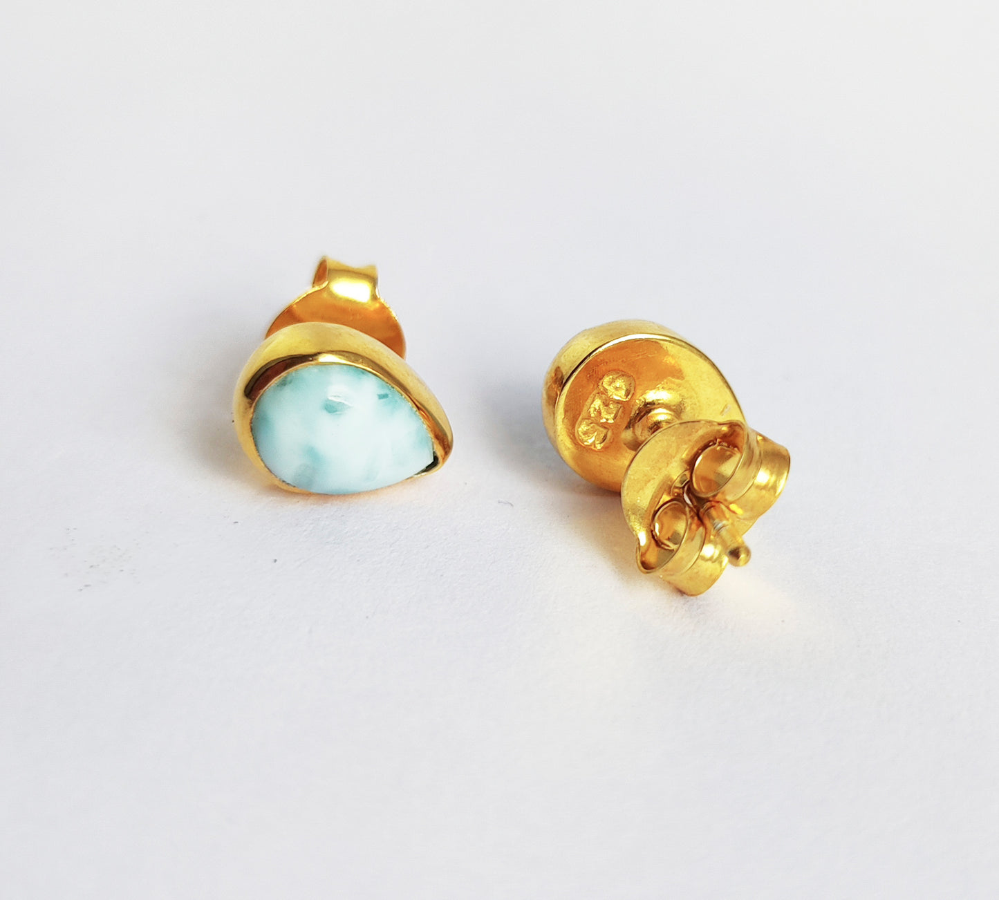 Larimar Teardrop Gold Stud Earrings