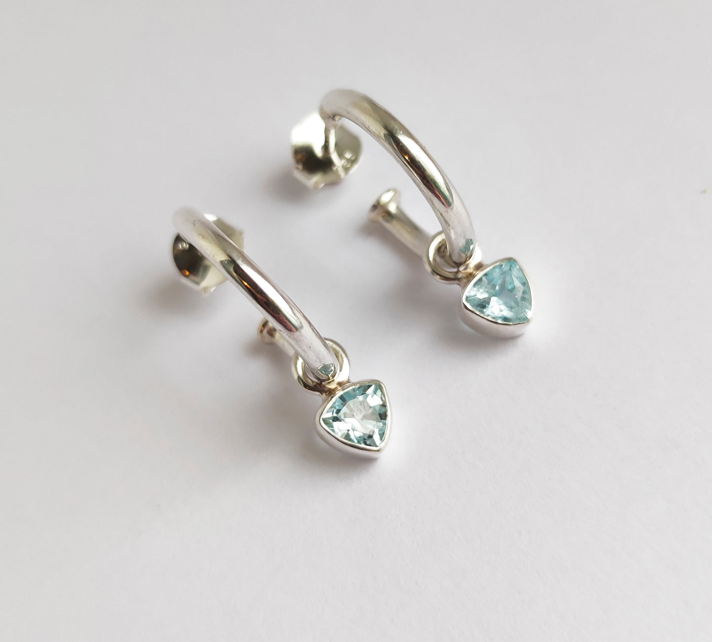 Triangle Sky Blue Topaz Silver Hoops