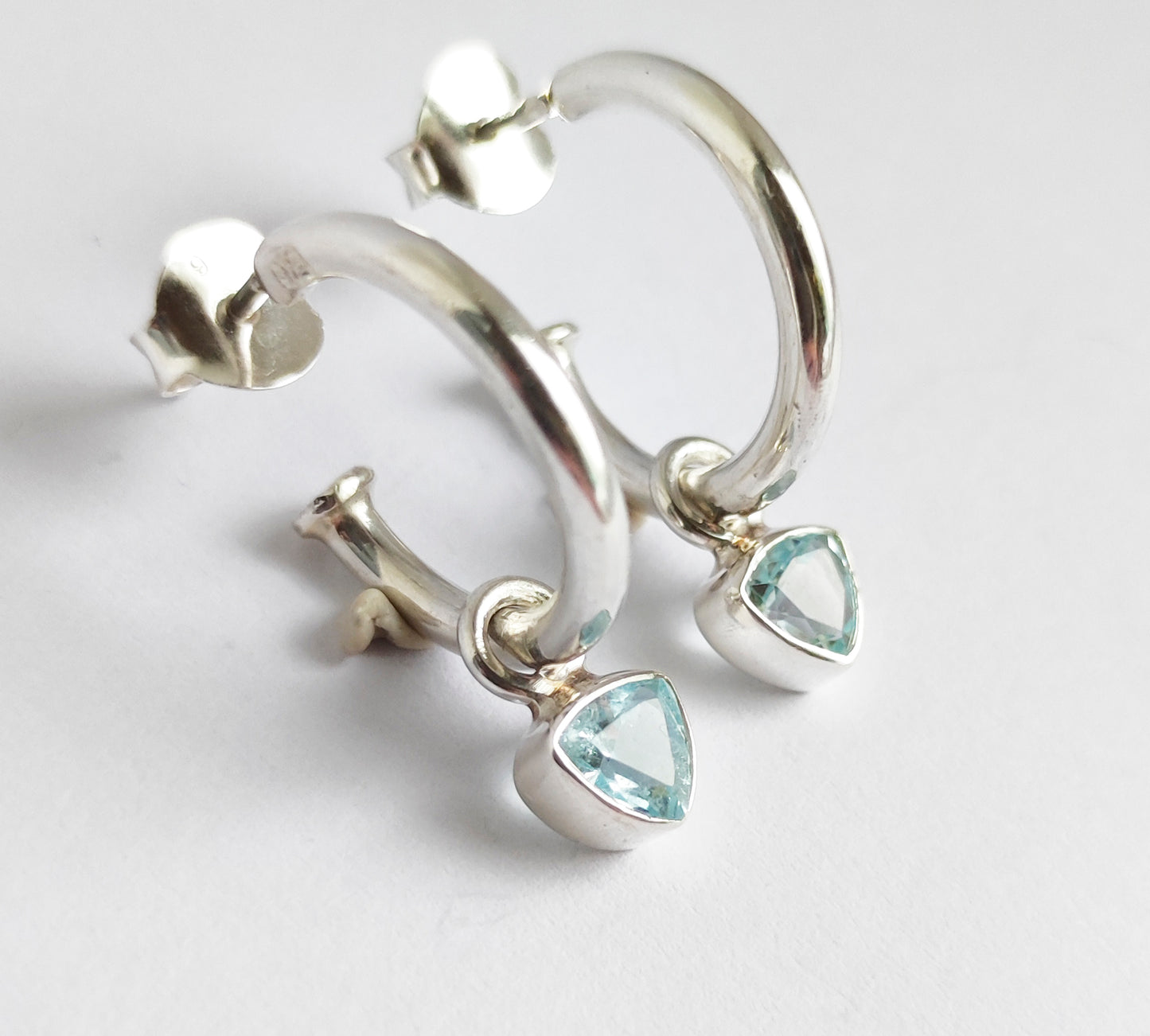 Triangle Sky Blue Topaz Silver Hoops