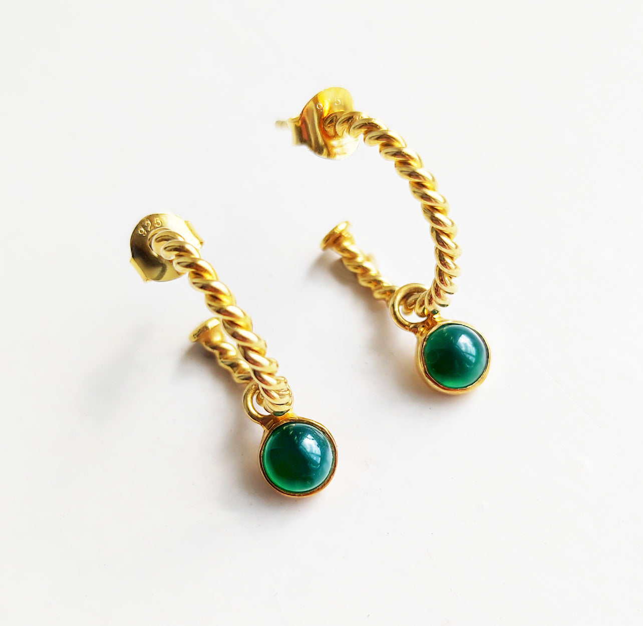 Green Onyx Twisted Hoops in Gold