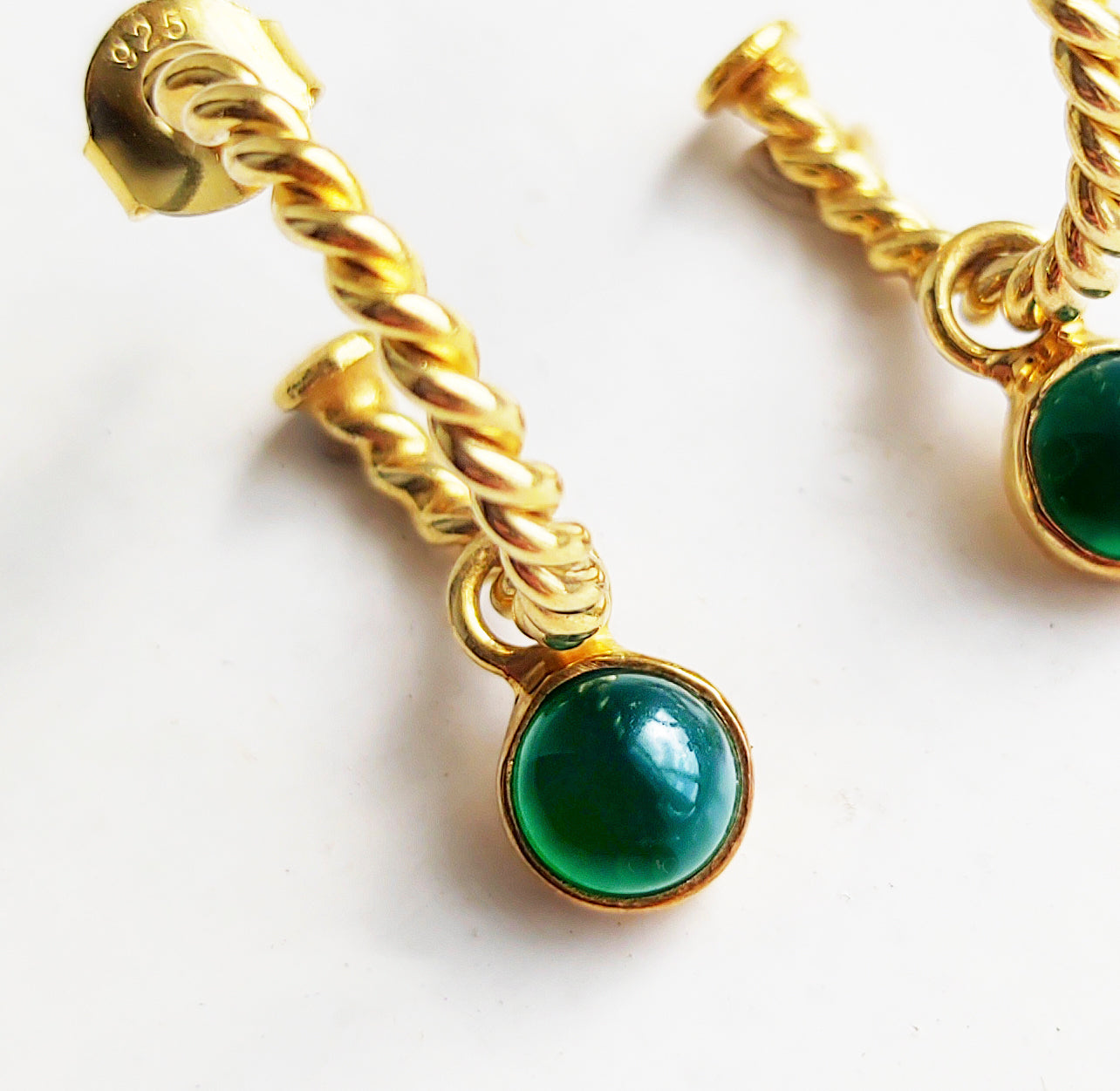 Green Onyx Twisted Hoops in Gold