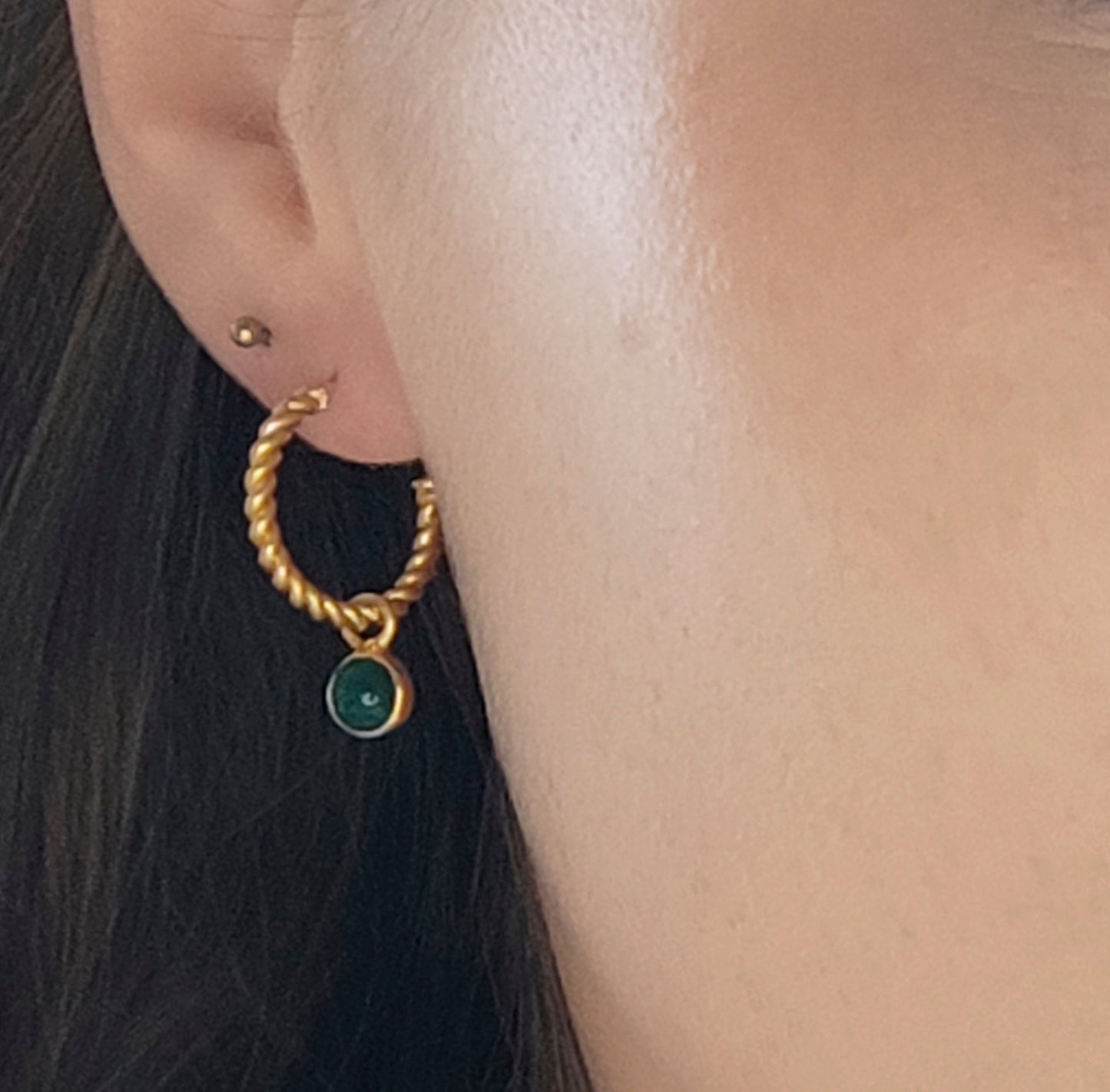 Green Onyx Twisted Hoops in Gold