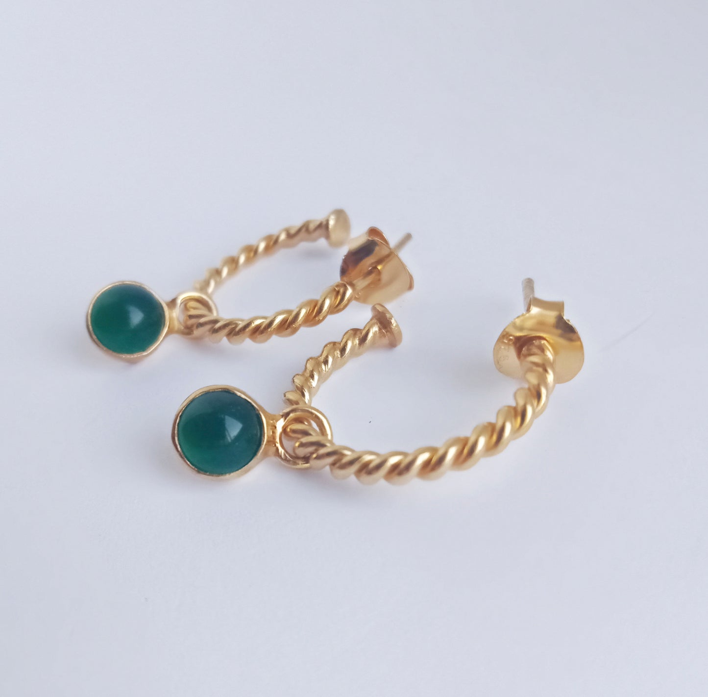 Green Onyx Twisted Hoops in Gold