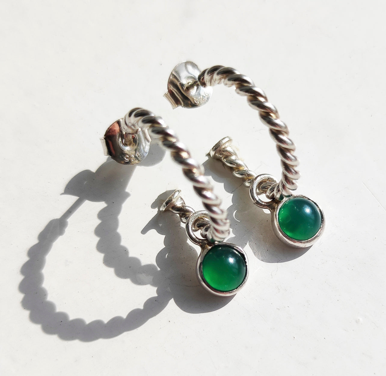 Green Onyx Silver Hoops