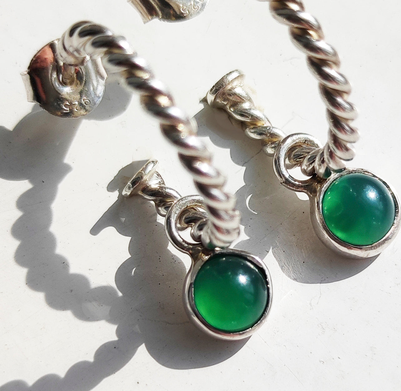 Green Onyx Silver Hoops